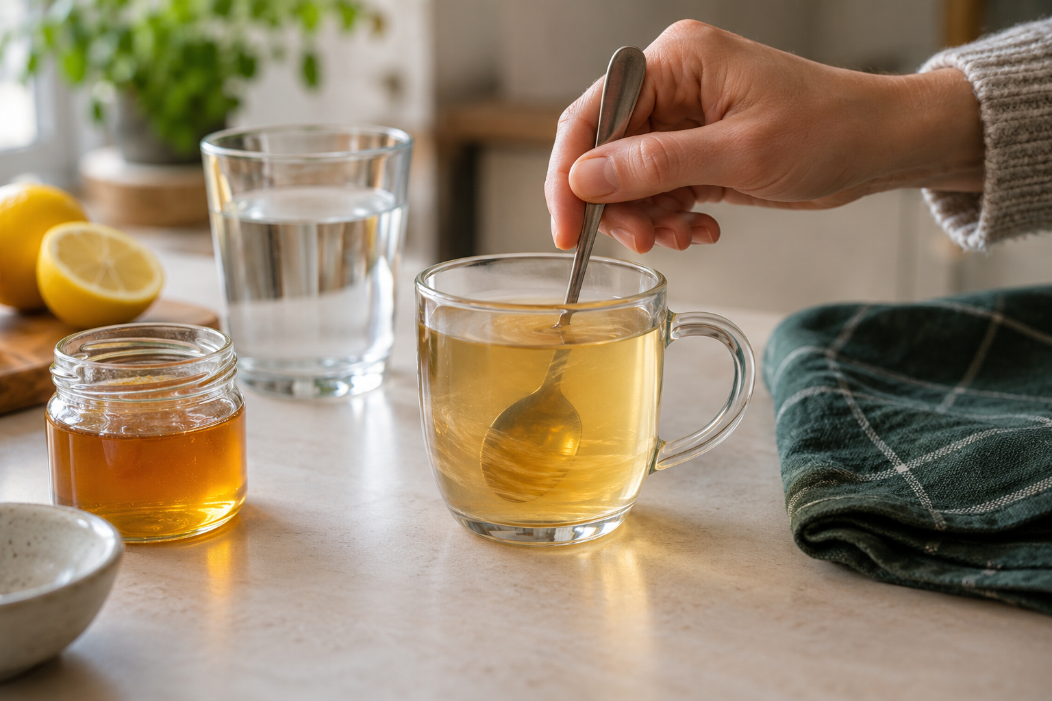 Adult stirring a small amount of honey into a warm drink