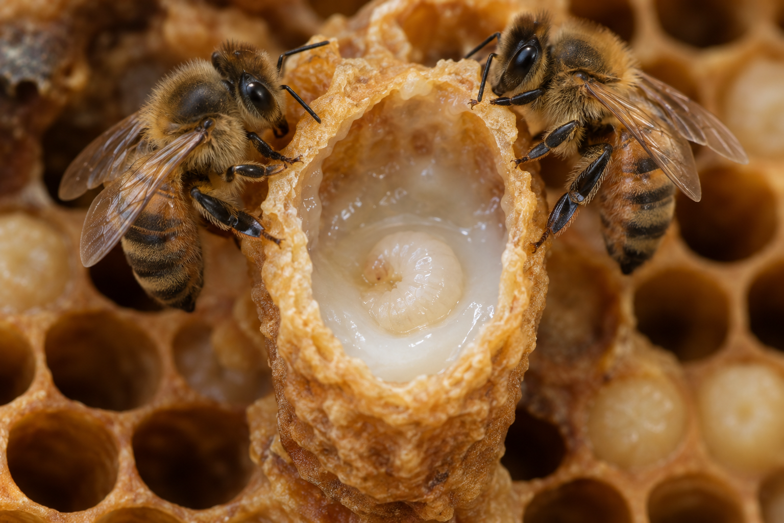 Young queen bee larva resting in royal jelly inside an open queen cell with nurse bees