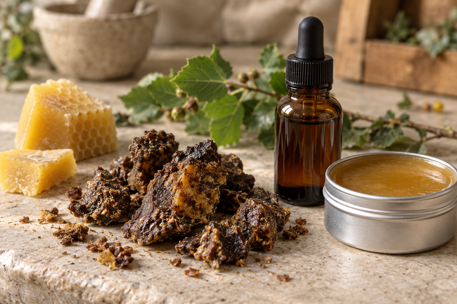 Raw propolis pieces beside an amber extract bottle and a plain tin of propolis balm
