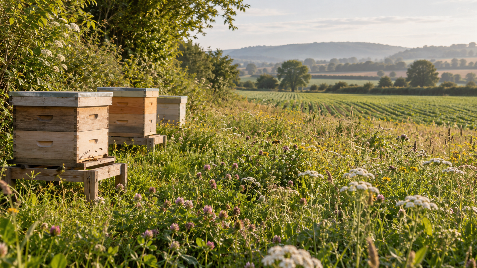 Small honey bee apiary beside a flowering field margin and farmland