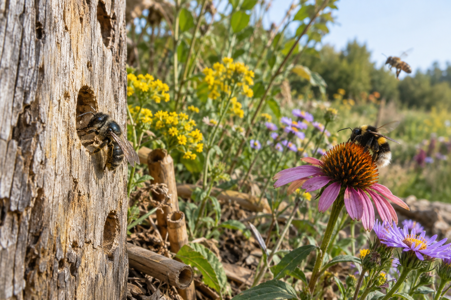 Solitary mason bee nesting in wood near a bumble bee and wildflowers