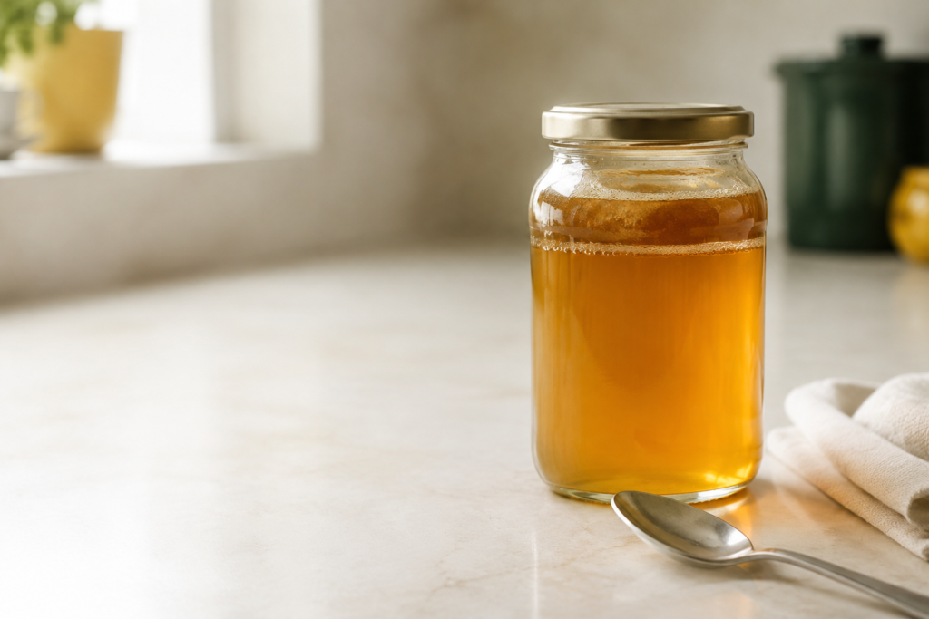 Jar of honey showing bubbles and foam associated with fermentation