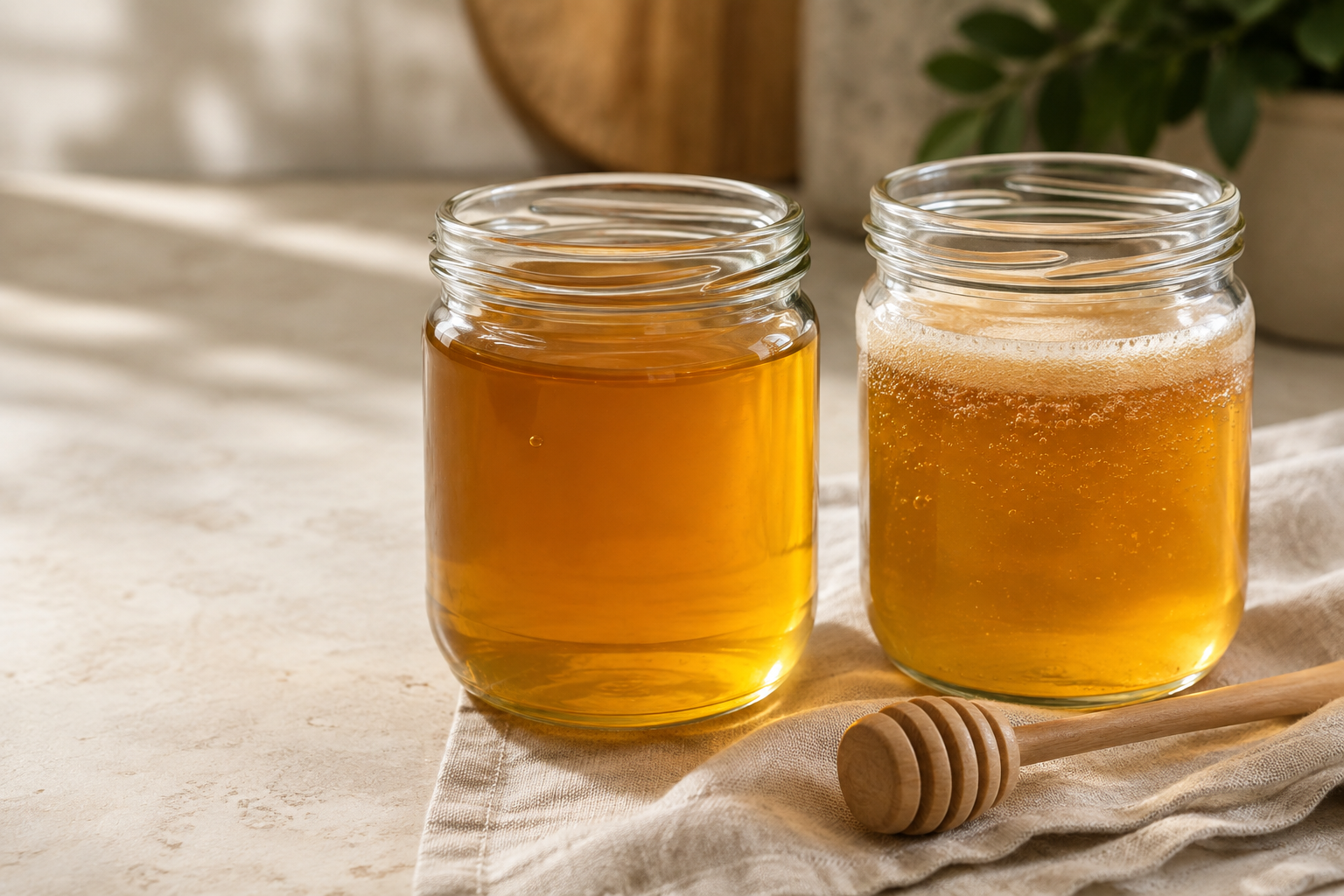 Clear honey beside a jar showing foam and small bubbles